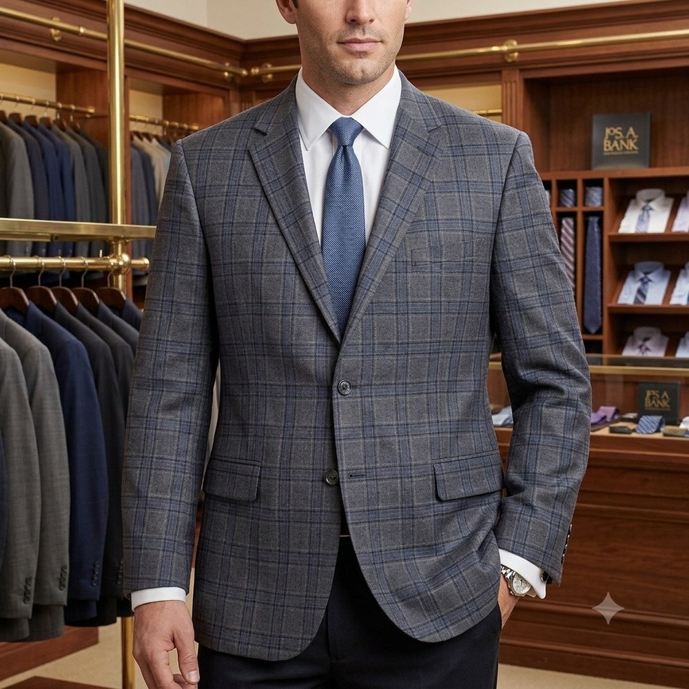 Jos A. Bank Traveler Blazer Mens 46 Long Grey Plaid 100% Wool Sport Coat